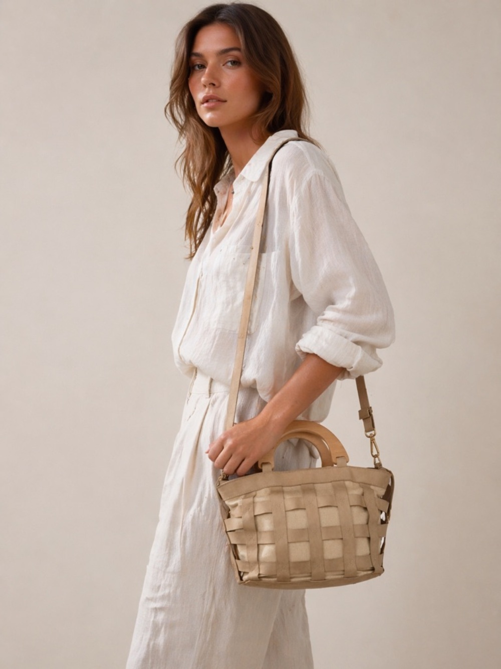 Cora Cage Wood Handle Bag | Woven Vegan Suede | Canvas | Wood Handle | Crossbody